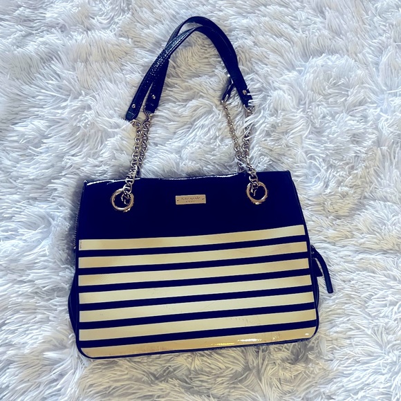 Kate Spade New York Navy Blue White Striped Gold Chain Purse Shoulder Bag - Picture 1 of 8